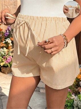 Maternity/ Adjustable Women’s Striped Drawstring Beach Shorts - Cream/Beige